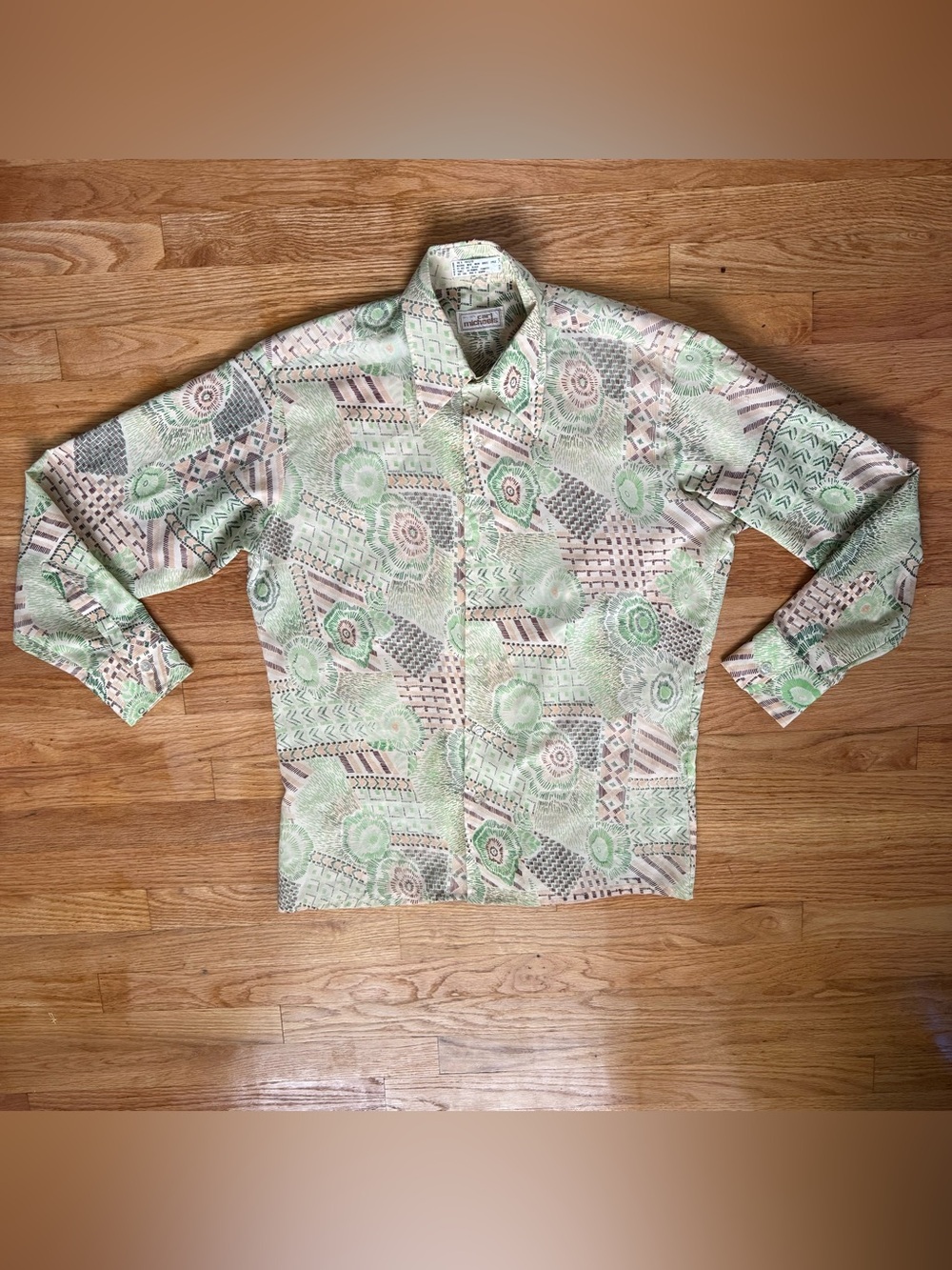 Vtg 70s Carl Michaels shirt geometric brown green men neck 16 medium